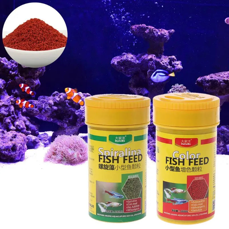 Two 100ml containers of small-pellet fish food, featuring red and green granules for fish health and colour enhancement.