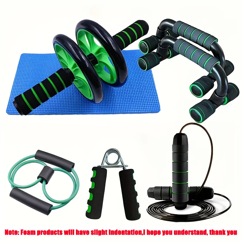 Fitness set with ab roller, push-up bars, resistance band, hand grip and skipping rope in black and neon green.