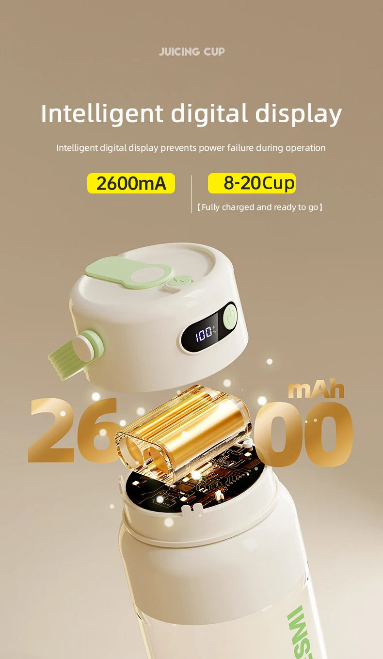 White portable juicing cup with a green lid, digital display, and visible internal battery and circuit board.