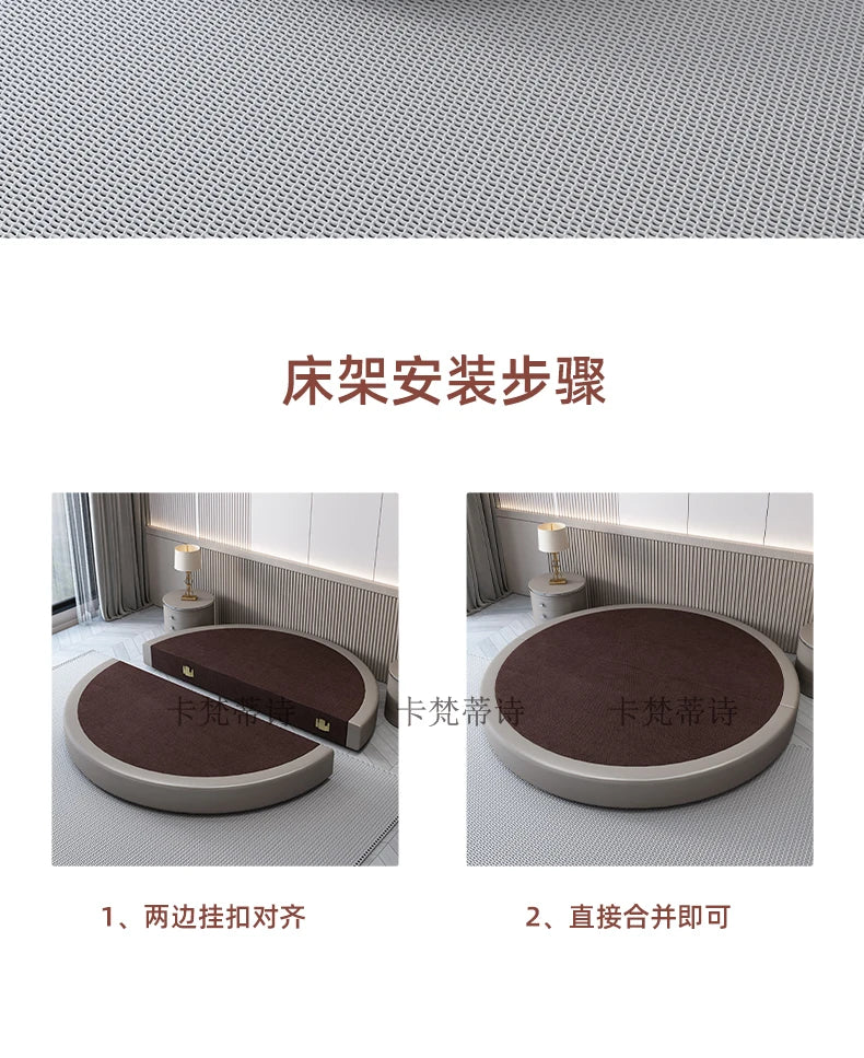 Modern minimalist circular double bed frame in grey and dark brown, shown in two parts to demonstrate easy assembly.