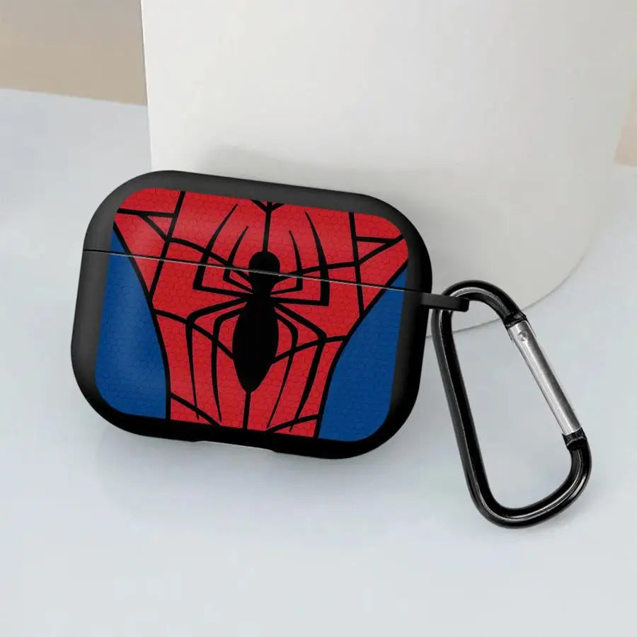 Spider-Man AirPods Pro case in red and blue textured finish with a black carabiner clip.