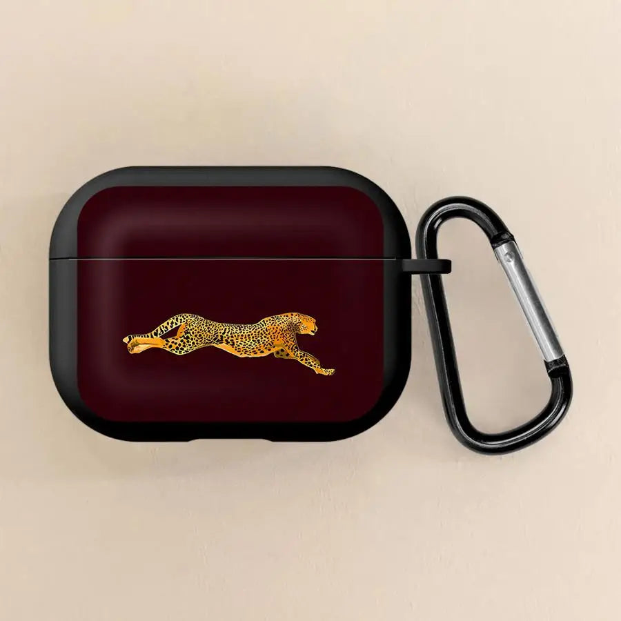 Black AirPods Pro case with a maroon centre and running cheetah print, featuring a handy carabiner clip.