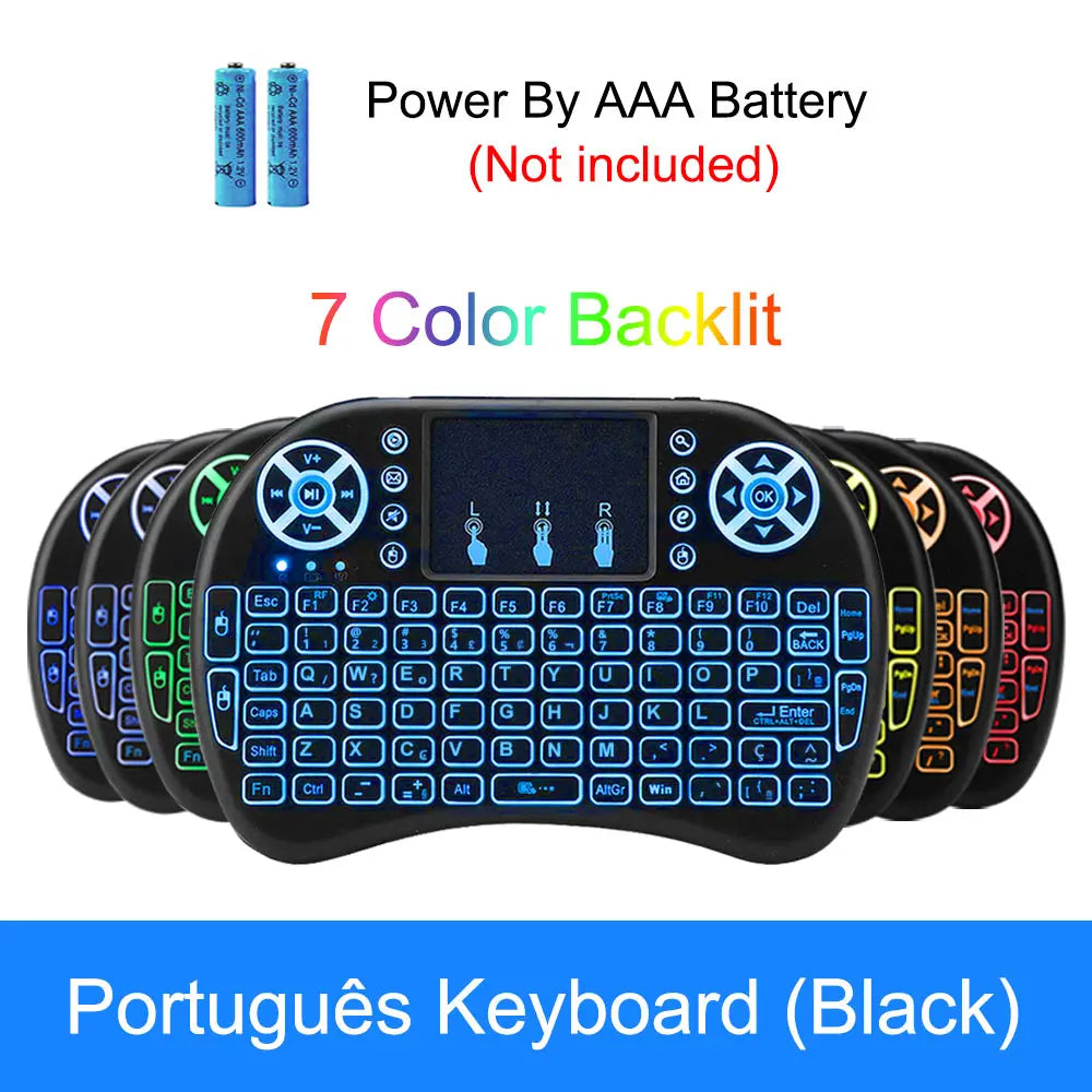 Black wireless mini keyboard with integrated touchpad, navigation buttons, and 7-colour backlit keys. Requires AAA batteries.