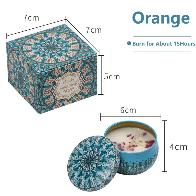 Scented candle in a teal, floral-patterned tin with decorative lid, 15-hour burn time, showing dimensions.