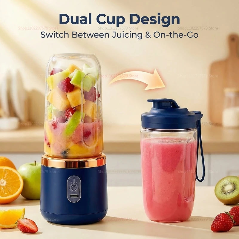 Portable blender with a navy base, metallic gold accents, and two clear cups, one filled with fruit and one with juice.