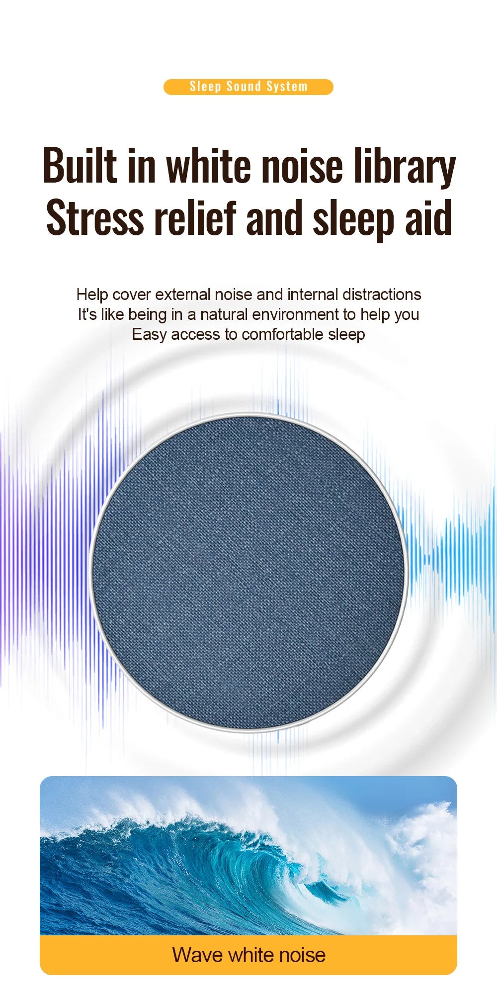 A circular blue fabric Bluetooth pillow speaker, shown with white noise wave imagery and sleep aid text.