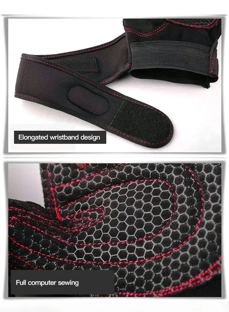 Black gym gloves with a long wrist strap, red stitching, and a honeycomb-patterned grip.