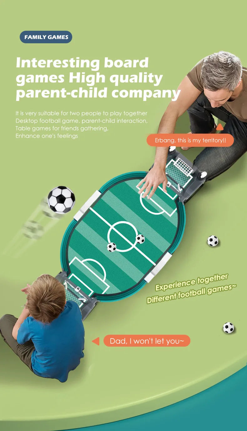 Oval tabletop football game with a green pitch, two goals, and multiple mini soccer balls for two-player interaction.