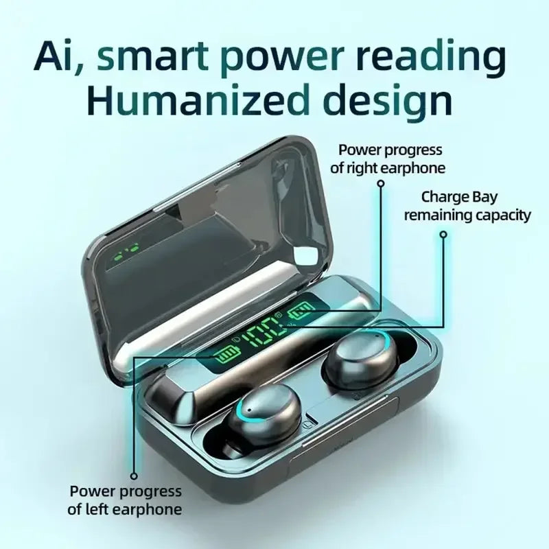 Black wireless earbuds in a reflective charging case with a green digital LED battery display.