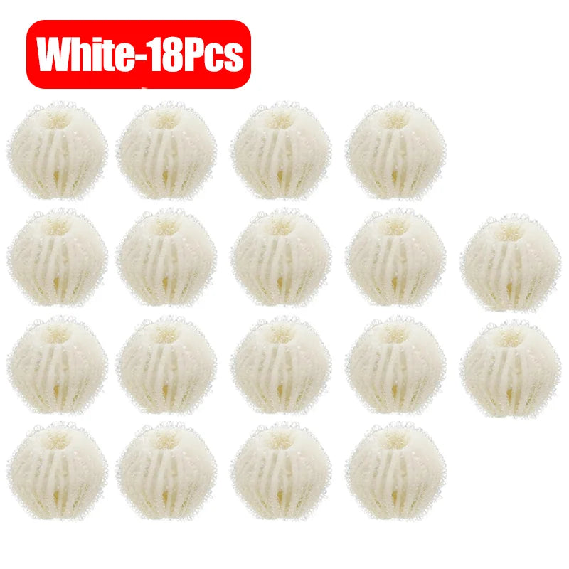 A set of 18 round, white, textured filtration balls for swimming pool or aquarium filters.