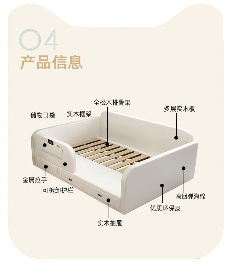 Modern white upholstered storage bed featuring a slatted wooden base, side drawers, and a protective side rail.