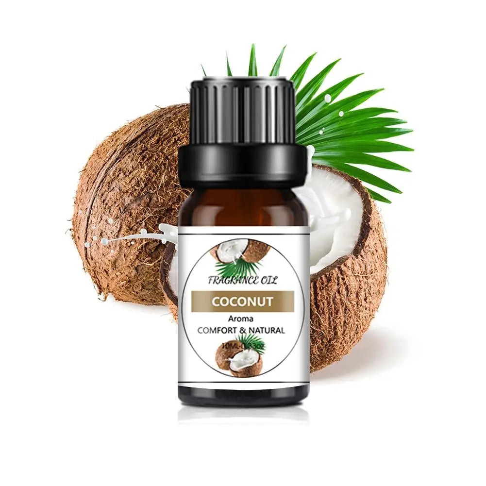 10ml amber glass bottle of coconut fragrance oil, featuring a label with coconut imagery and green palm leaves.