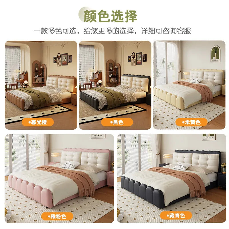 A modern platform bed frame with a button-tufted headboard and scalloped base, available in various colour options.