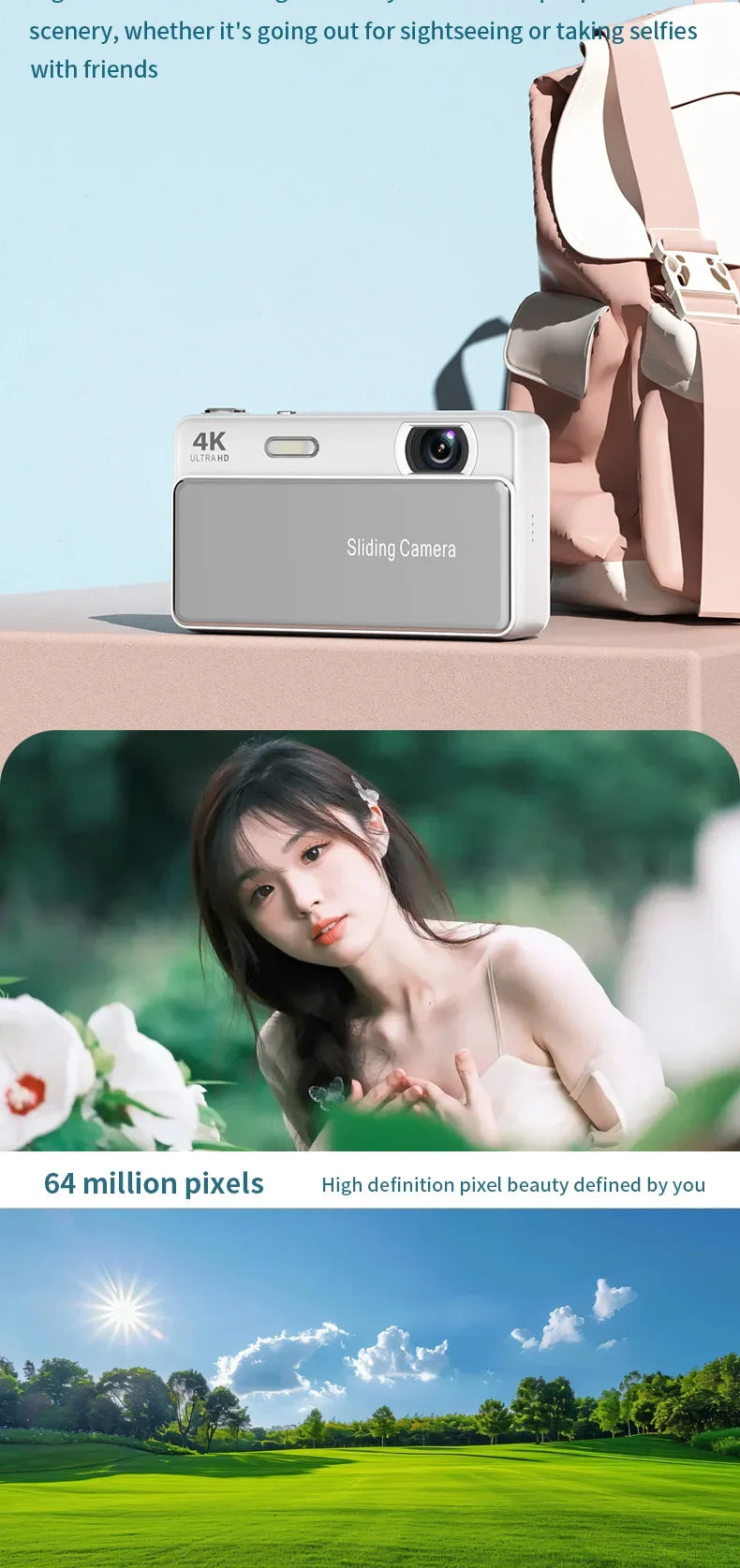 A sleek, white 4K digital camera with a sliding lens cover, displayed beside a backpack and example nature photos.