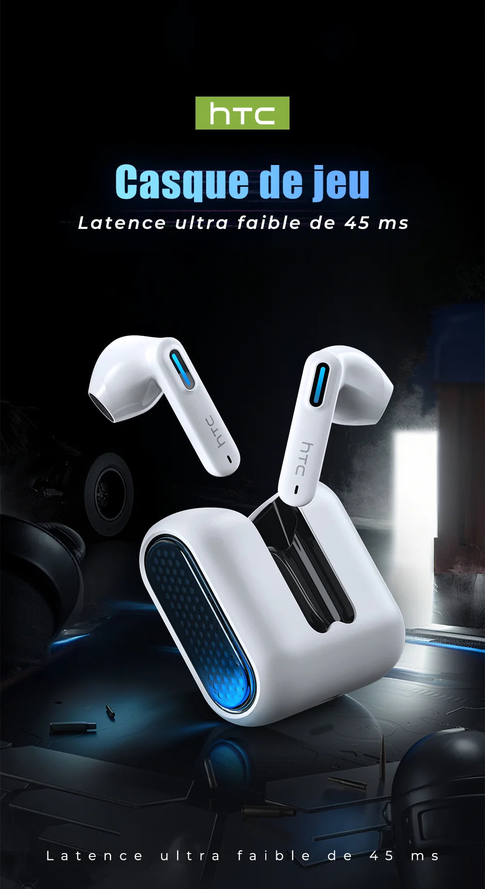 White wireless gaming earbuds with blue LED accents and a matching white charging case on a dark tech-themed background.
