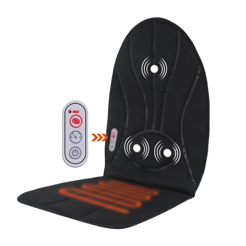 Black electric massage seat cushion with vibration zones, integrated heating element, and a handheld remote control.