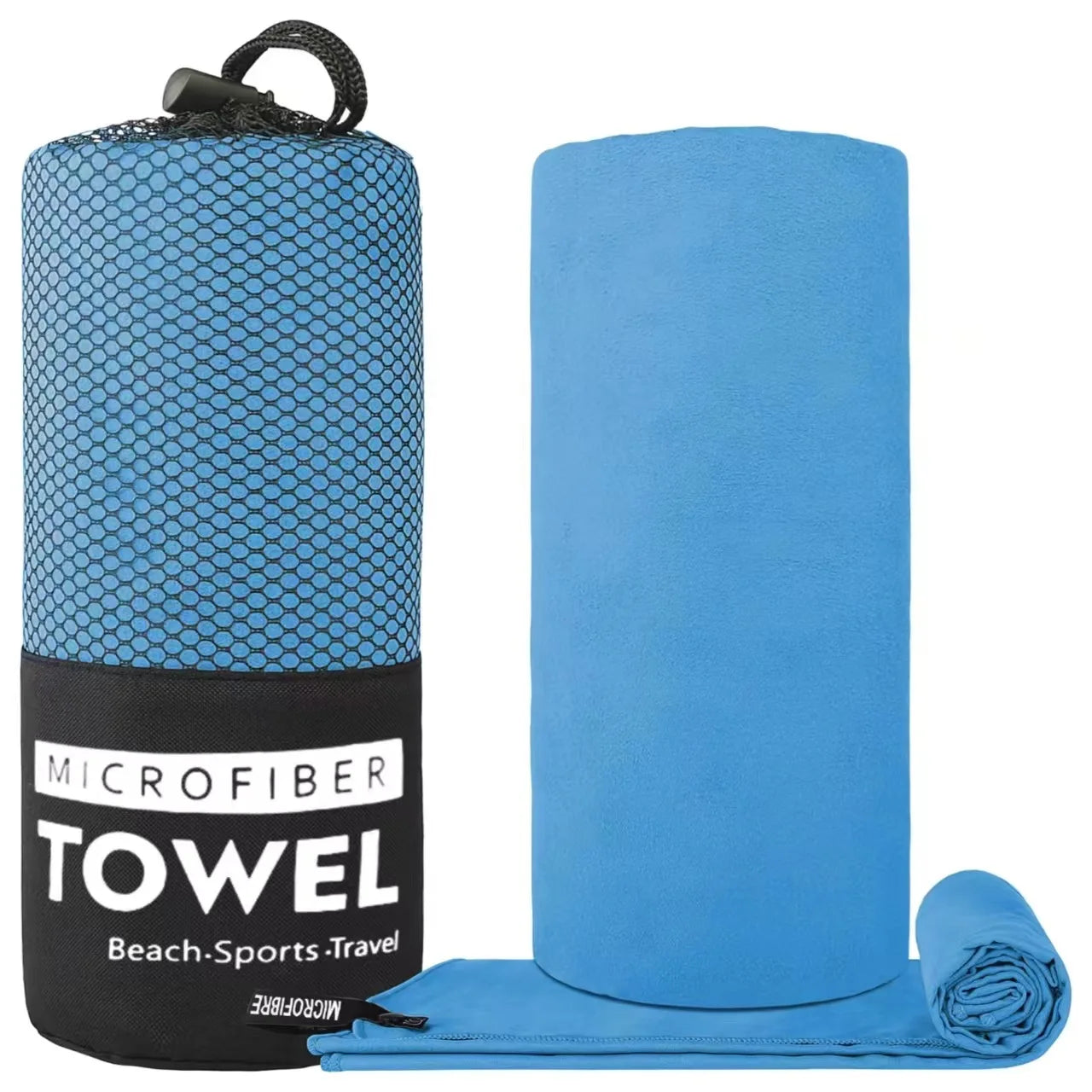 Blue microfibre travel towel with a black mesh carry bag featuring the label "MICROFIBER TOWEL".