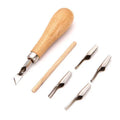 Leather craft tool kit with a wooden handle, four interchangeable metal tips, and a wooden alignment rod.