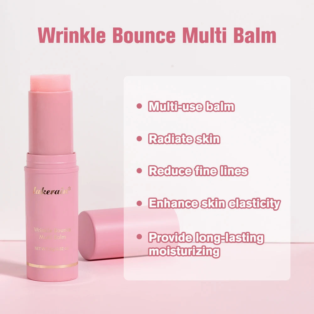 Pink anti-wrinkle multi-use balm stick for moisturizing skin, reducing fine lines, and enhancing elasticity.