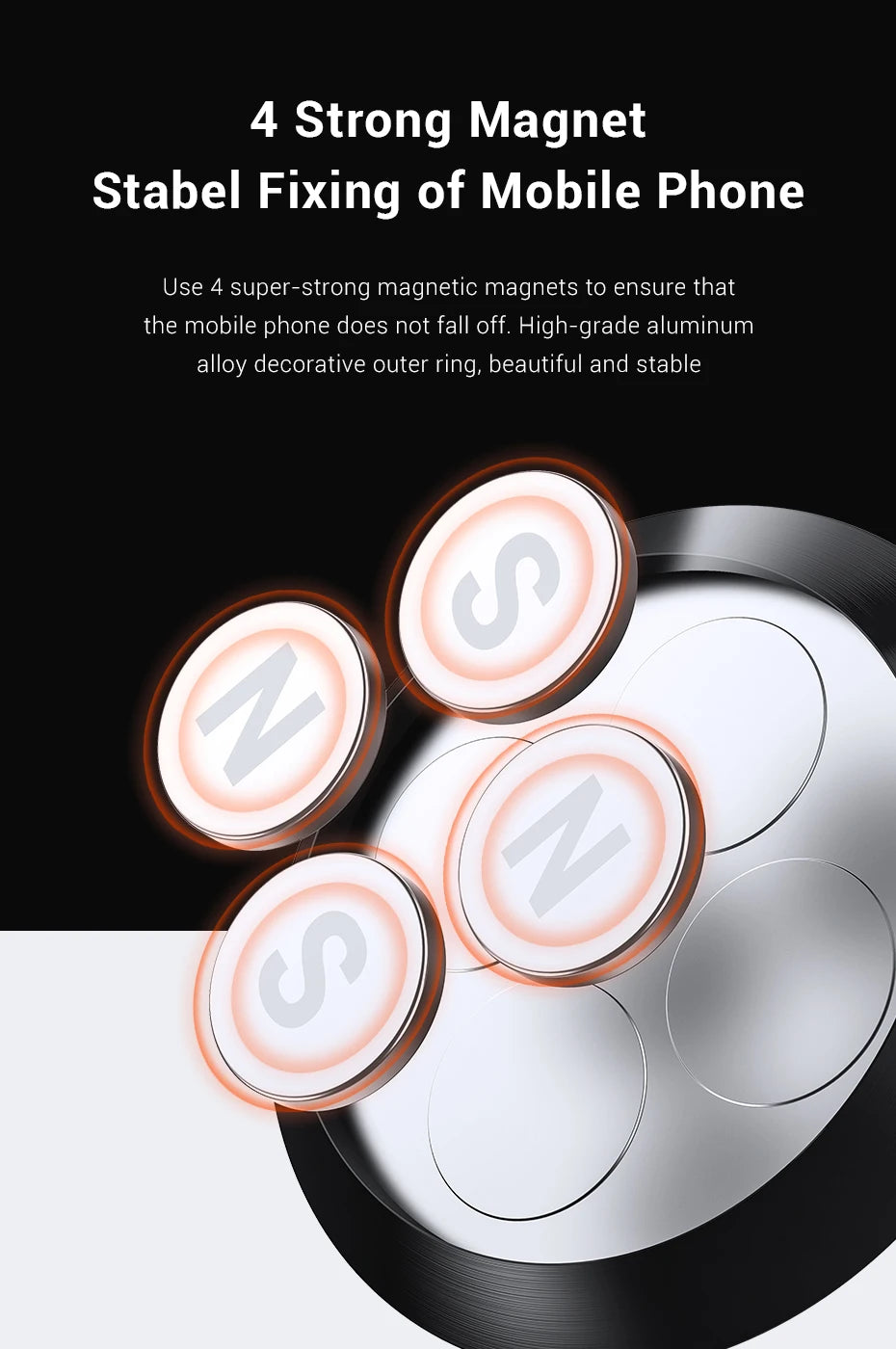 Circular phone mount with four glowing magnetic points and a sleek, silver aluminum alloy design on a black background.