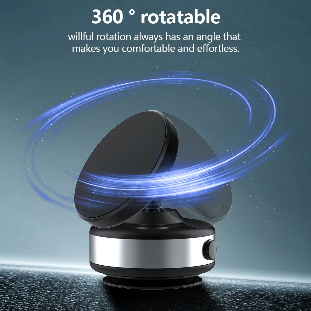 A small black and silver 360-degree rotating magnetic phone mount with a sleek, modern design.