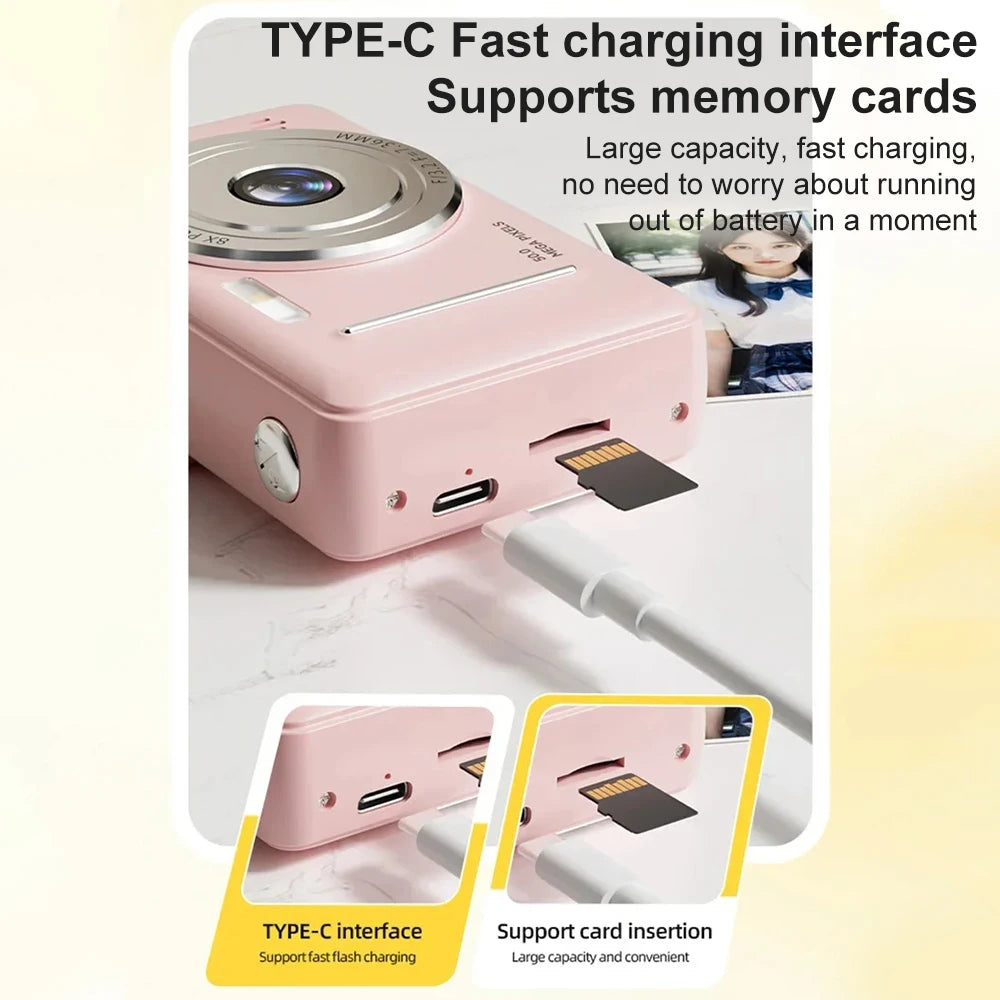 Light pink plastic digital camera with a Type-C charging port and a memory card slot.