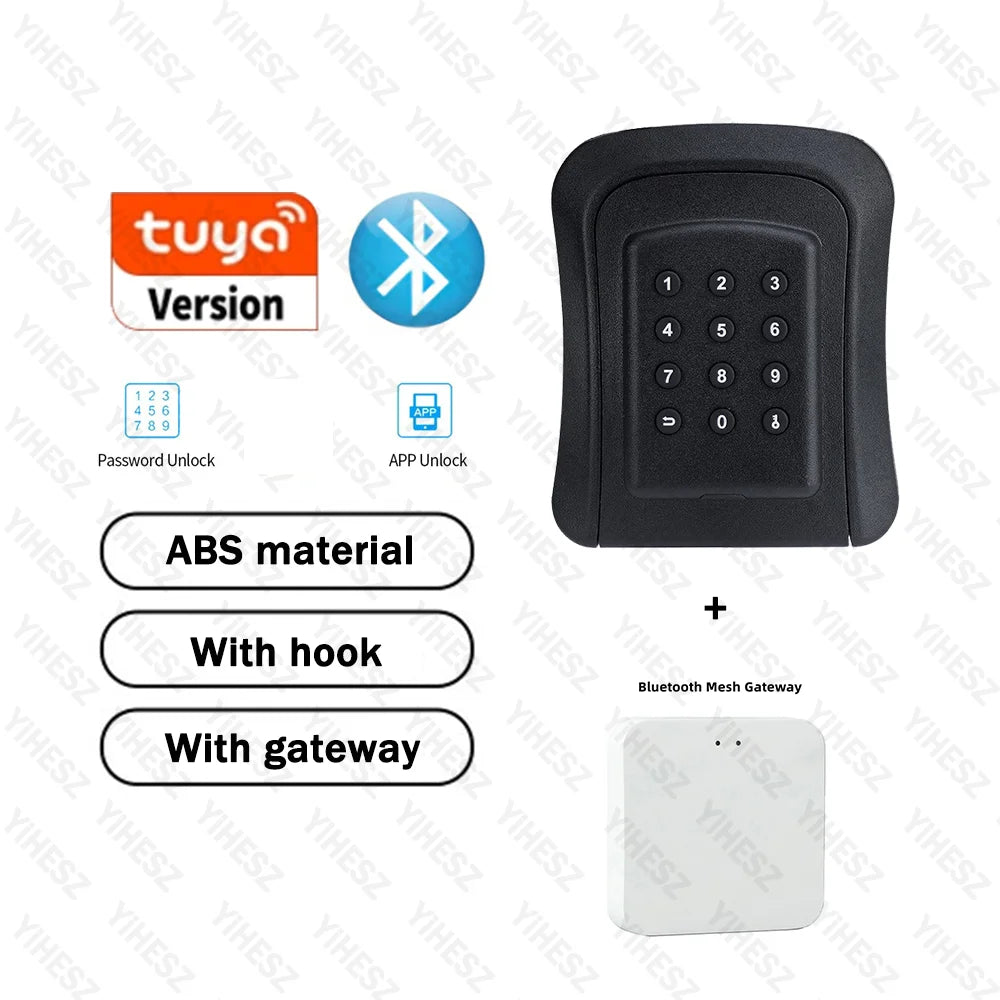 Black ABS key lock box with numeric keypad, Bluetooth app access, internal hook, and Bluetooth mesh gateway.