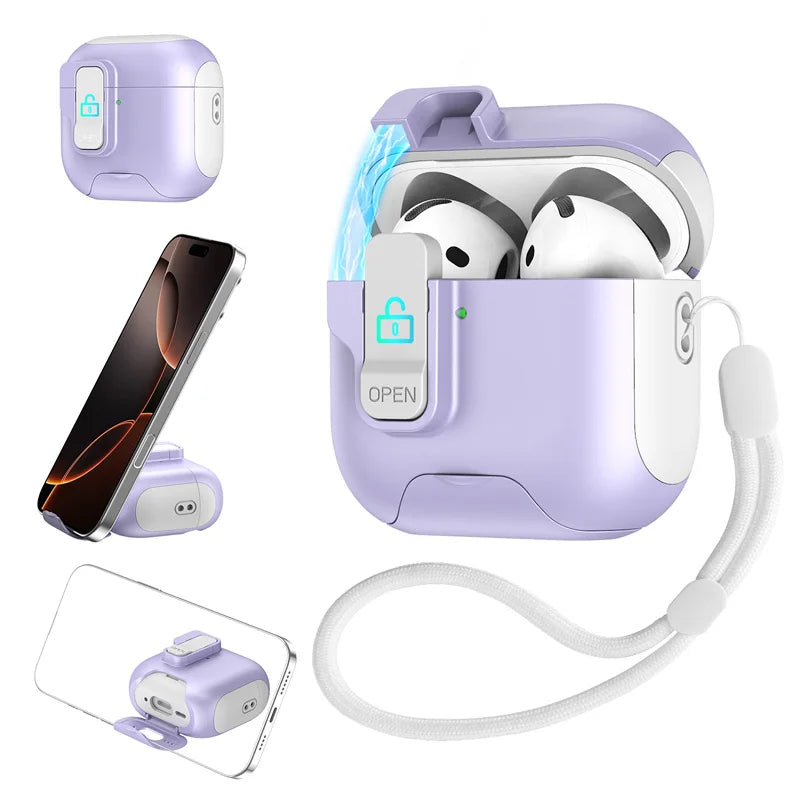 Lilac locking case for AirPods Pro, featuring a secure latch and white lanyard. Functions as a phone stand.