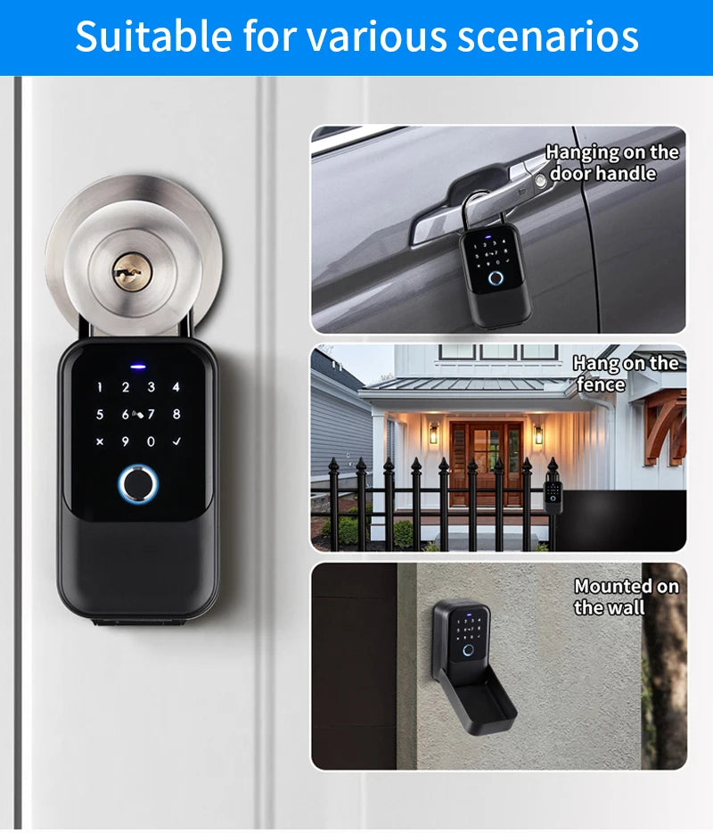 Black metal digital lock box with keypad and fingerprint scanner for hanging on doors, fences, or wall mounting.