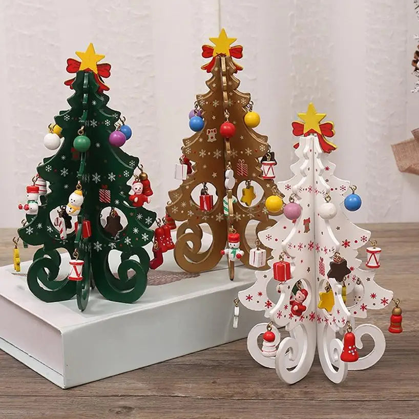 Three decorative wooden Christmas tree ornaments in green, gold, and white, adorned with tiny festive hanging charms.