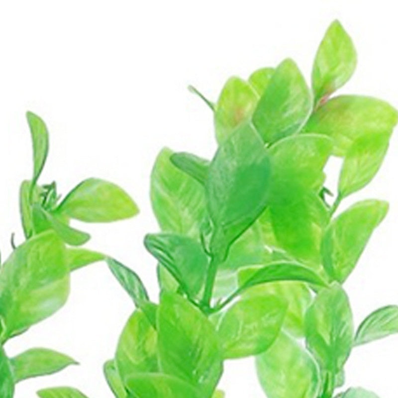 Close-up of bright green artificial aquarium plant with textured, ovate leaves on a white background.