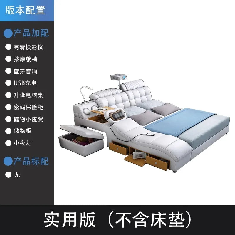 White leather upholstered bed frame featuring a tufted headboard, integrated storage, side table, and a massage chair.