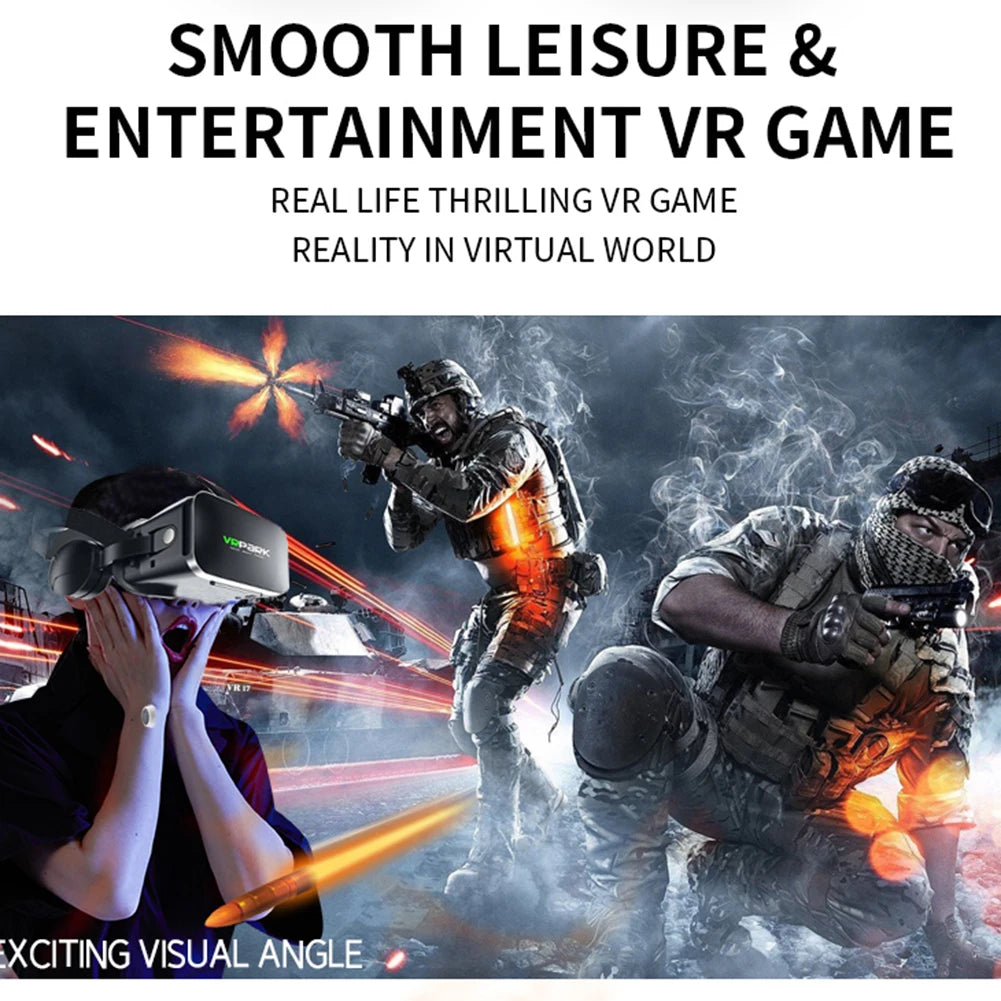 Black 3D VR headset for smartphones with comfortable head straps and integrated earphone design.