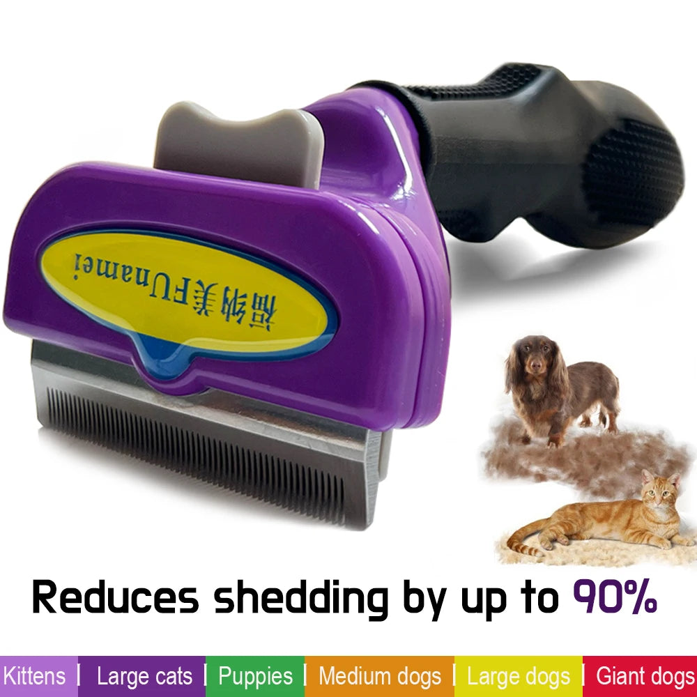 Purple and black pet deshedding tool with a metal comb, shown next to a dog and a cat on a white background.