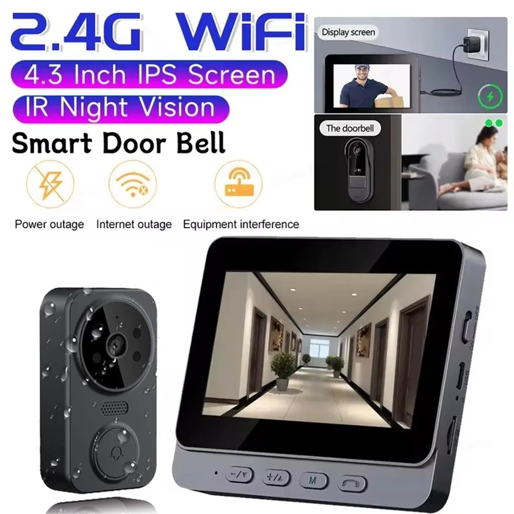 Wireless smart doorbell with black camera unit and 4.3-inch indoor IPS display screen featuring night vision.