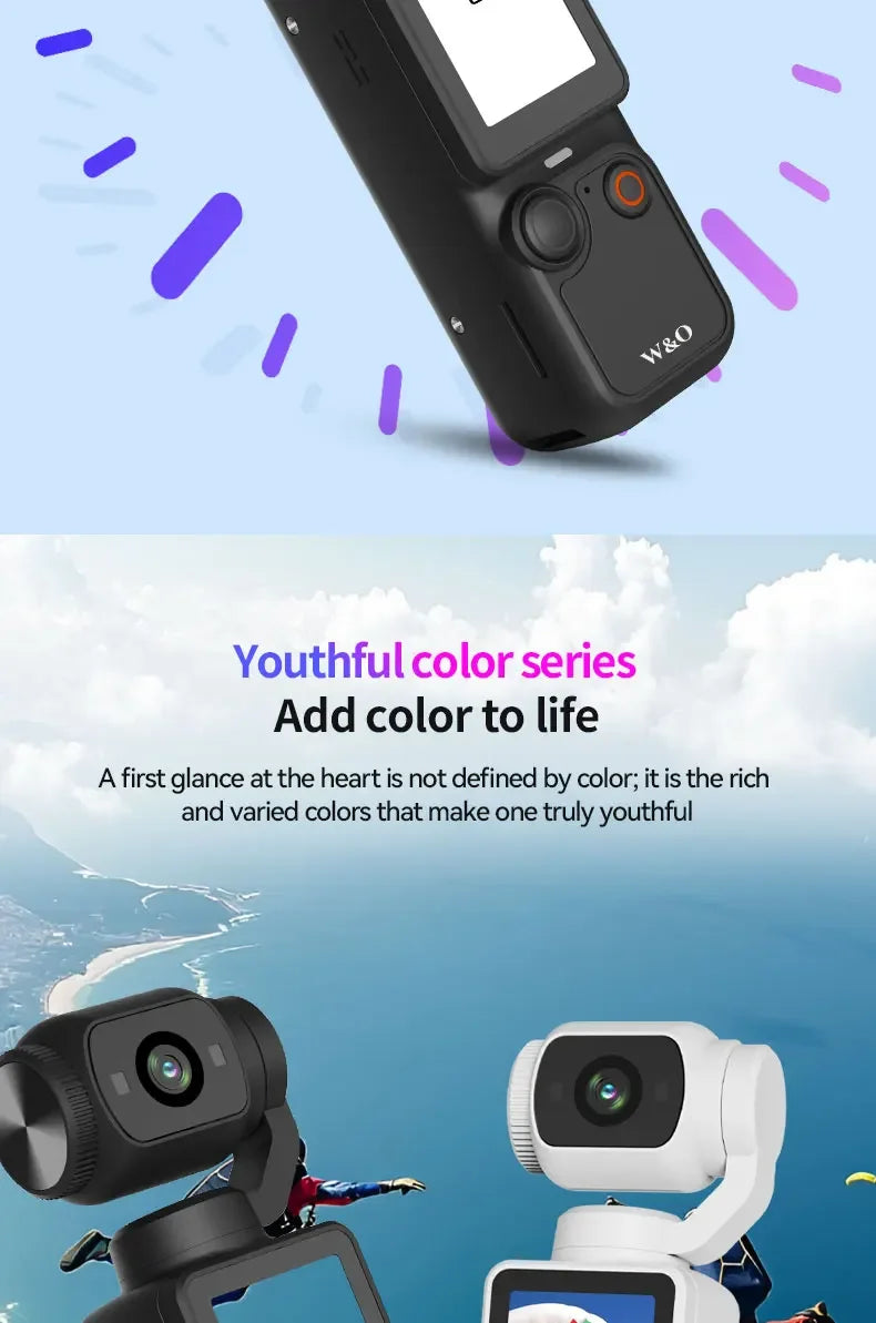 Black and white handheld gimbal cameras with integrated screens, buttons, and lenses, displayed against a blue sky.