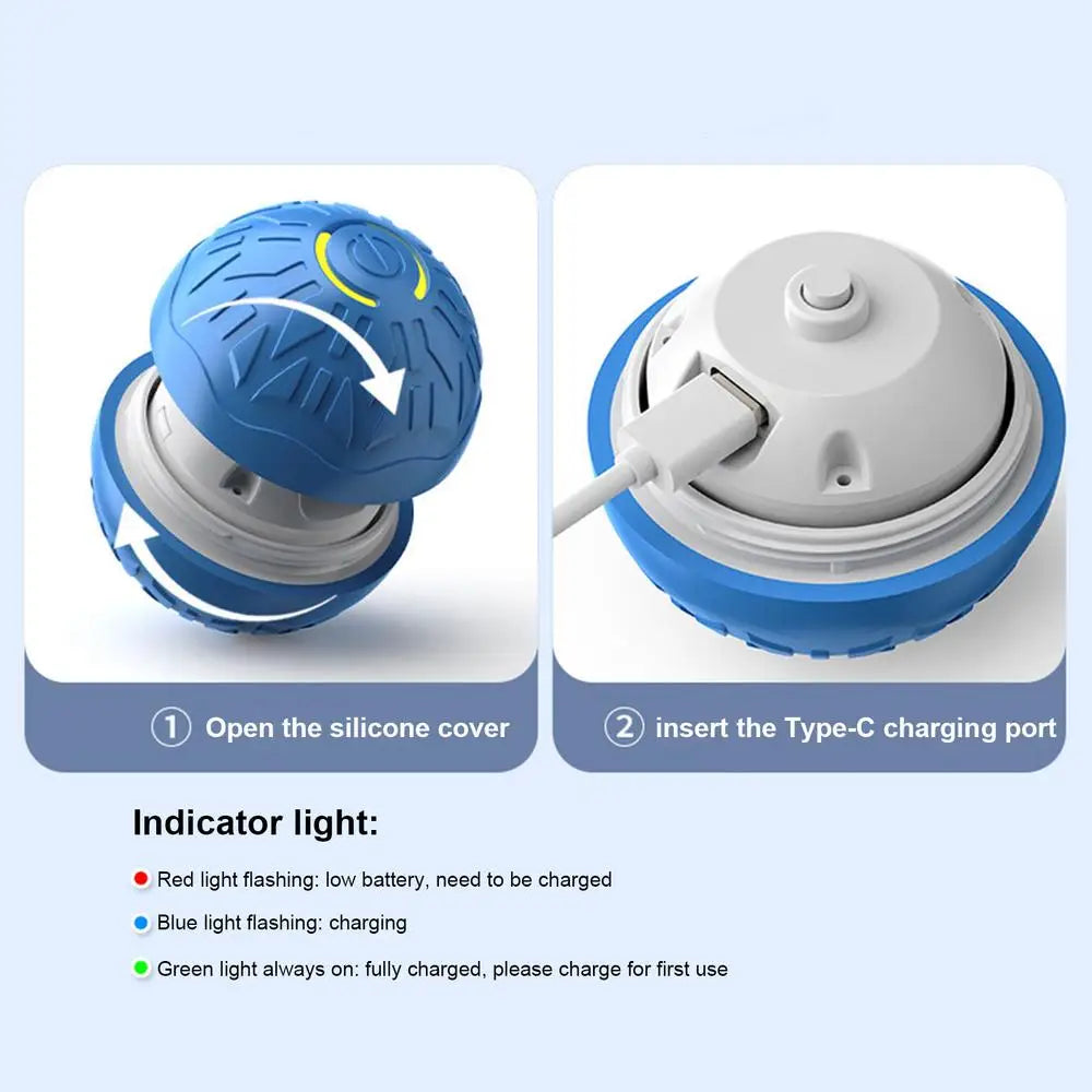 Instructions for charging the blue interactive dog toy, showing how to open the silicone cover and connect the cable.