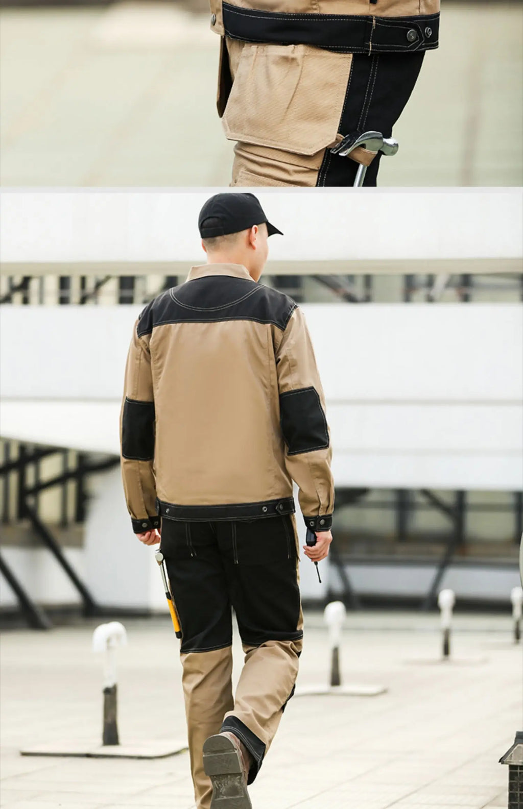 Man wearing beige and black multi-pocket cargo work trousers and matching jacket, walking away from the camera.