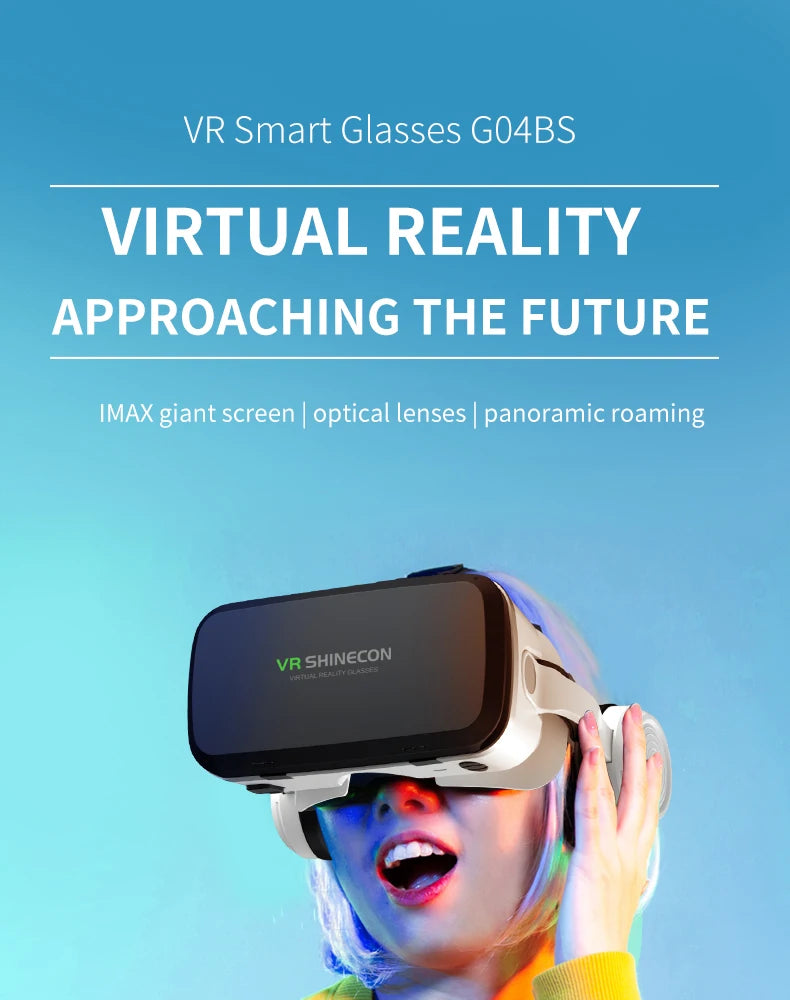 A white 3D VR smartphone headset with black lenses being worn by a person, set against a blue background.