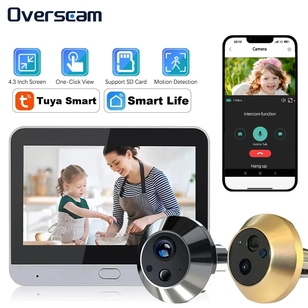 5MP Tuya Smartlife Home Doorbell Cat Eye Camera PIR Motion Detection Wifi Doorbell Night Vision Peepholes 4.3 Inch