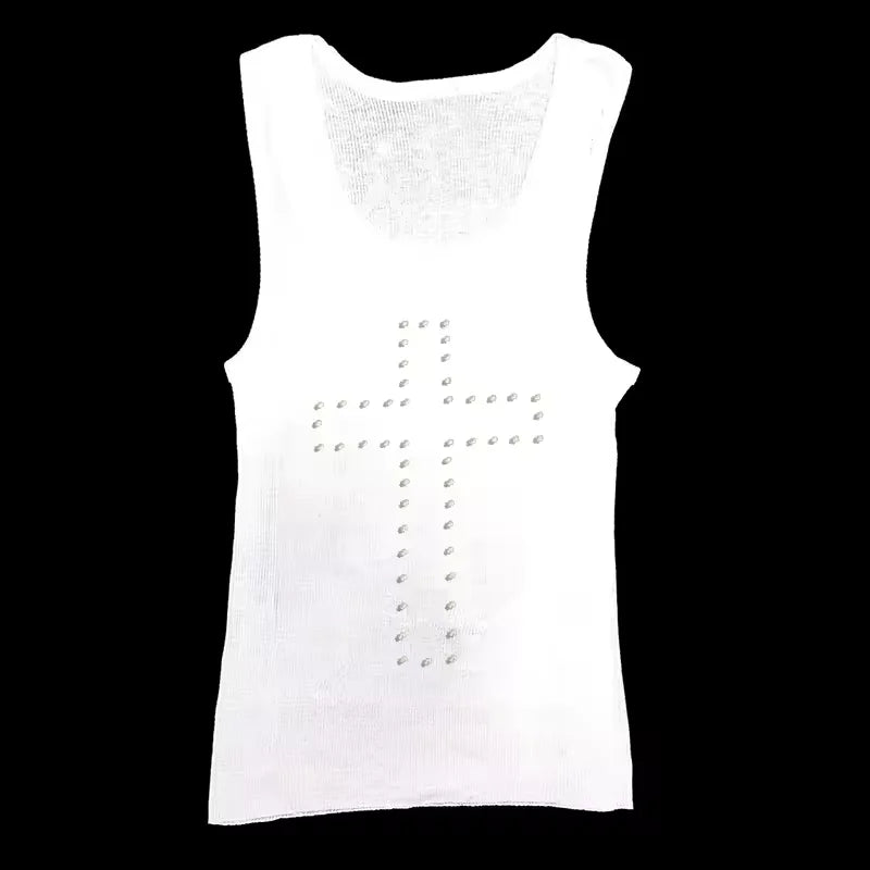 White ribbed tank top featuring a central cross design made of silver-tone metal studs.