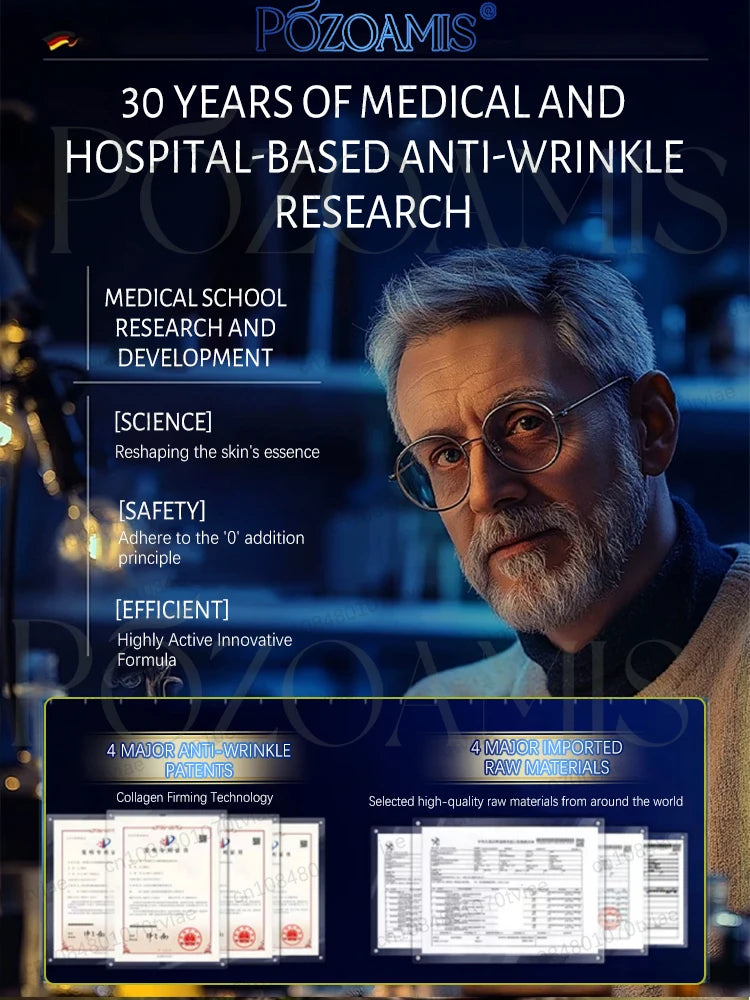 Anti-wrinkle product advertisement showing an older man with text highlighting medical research, patents, and ingredients.