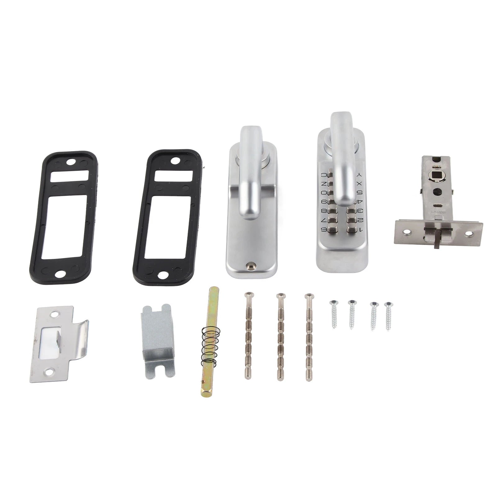 Silver metal mechanical combination door lock set with handles, mounting hardware, and strike plates on white background.