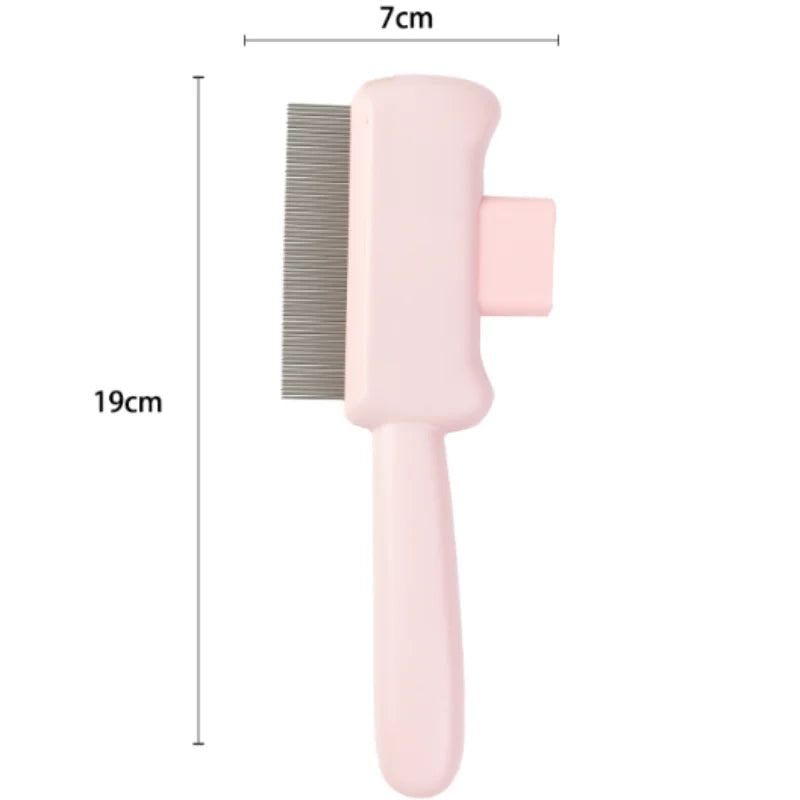 A light pink pet grooming comb with fine metal teeth, shown with 7cm x 19cm size dimensions on a white background.