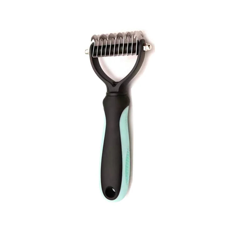 Black and mint green dog grooming dematting rake with metal serrated blades, isolated on a white background.
