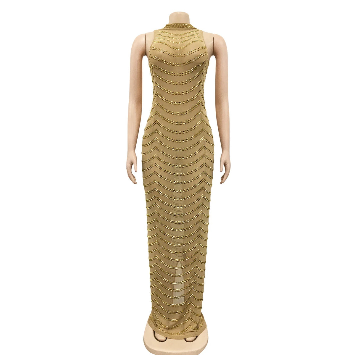 Gold sleeveless sheer maxi dress with high neckline and wavy beaded patterns on a mannequin.