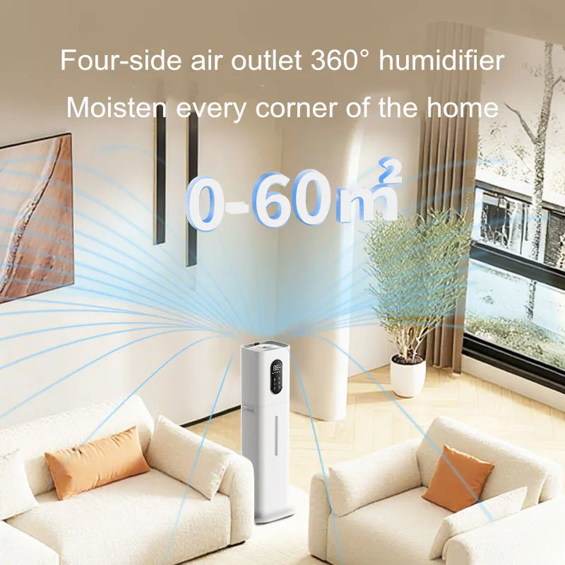 White 8L smart ultrasonic tower humidifier with a 360° mist outlet, digital display and sleek, modern design.