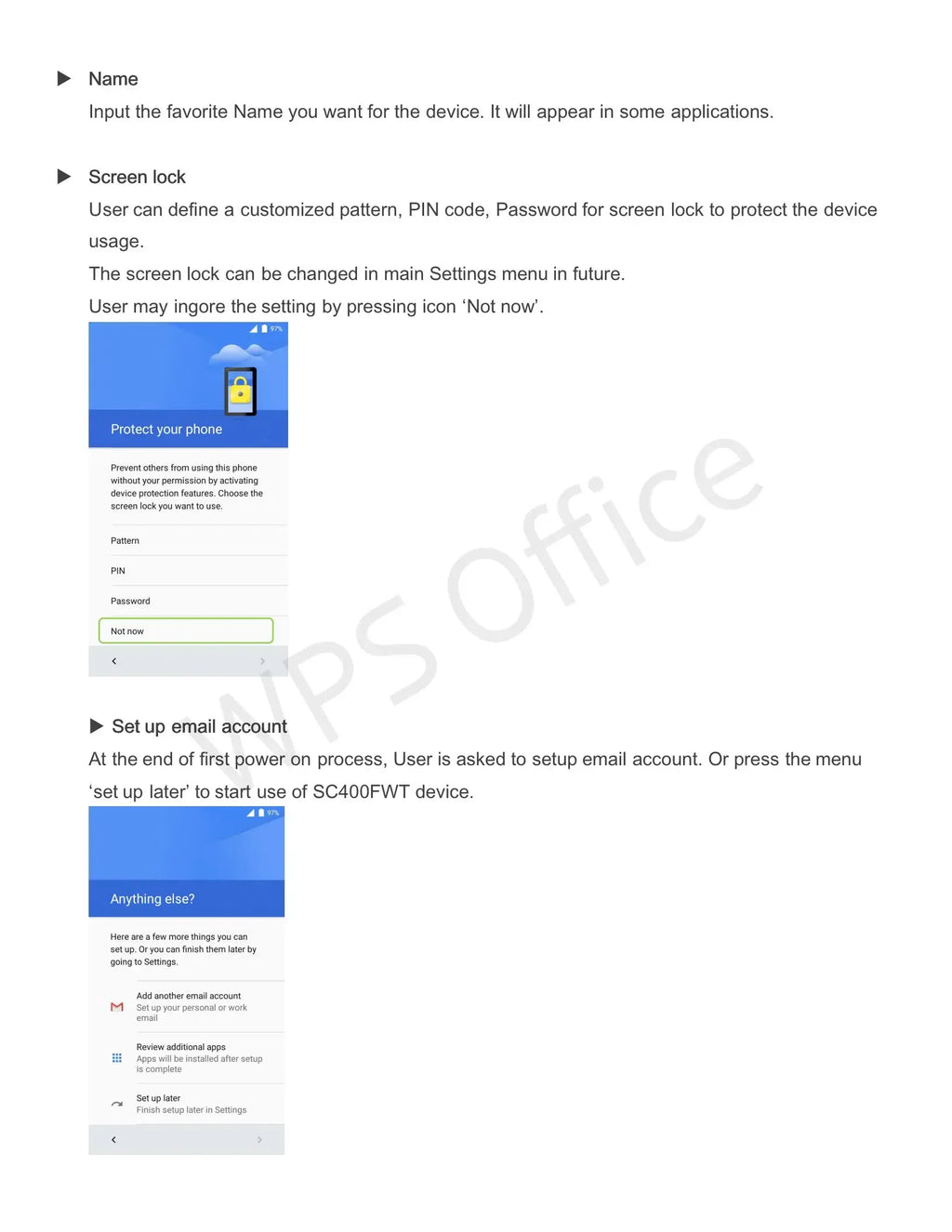 Smartphone screen showing setup menus for screen lock protection and email account configuration.
