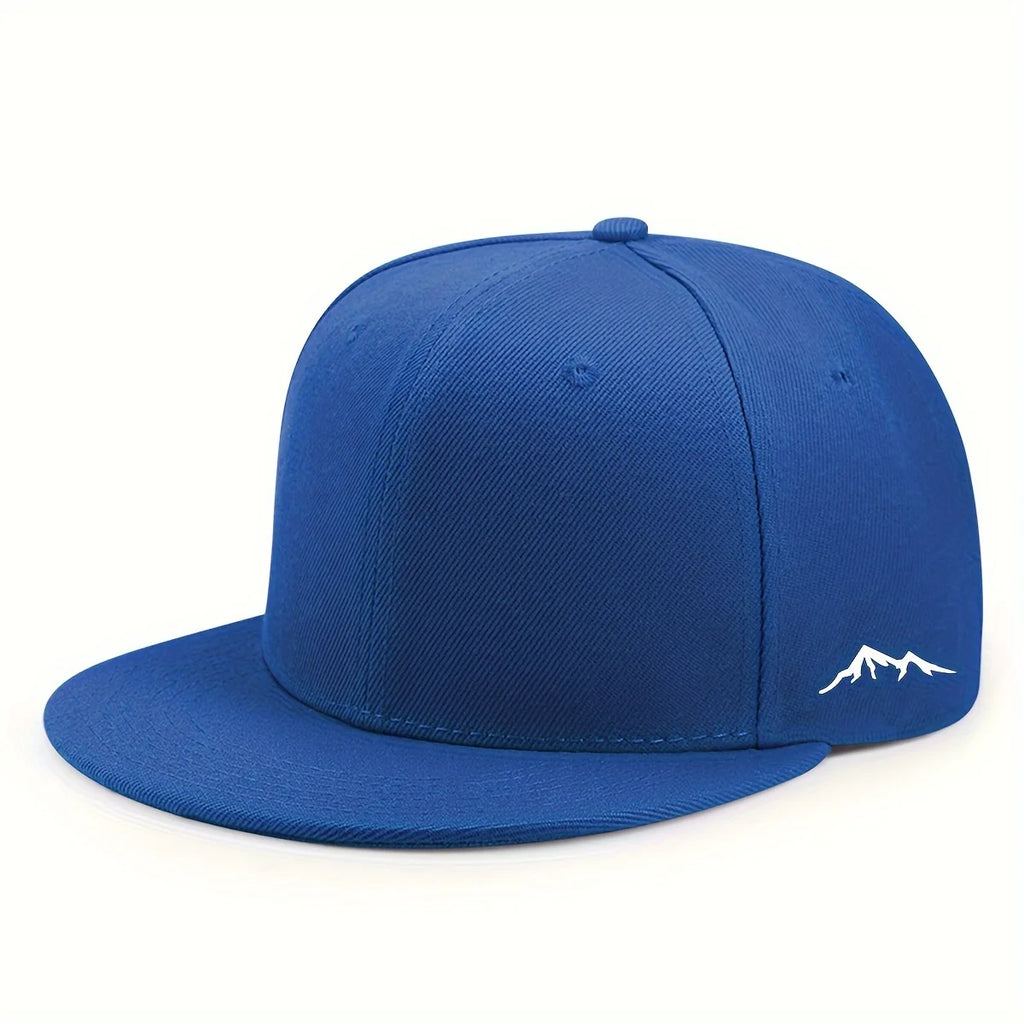 Unisex blue flat brim cap with a white mountain range graphic on the side.