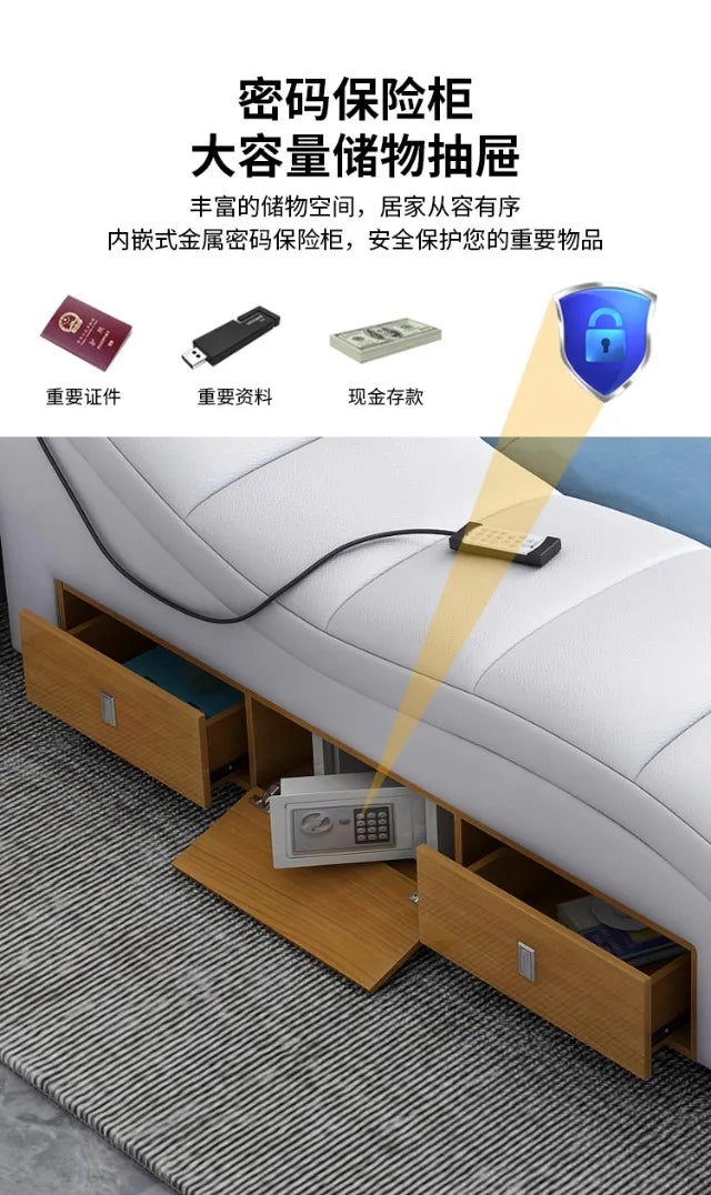 White leather upholstered bed frame featuring integrated wooden storage drawers and a built-in security safe.